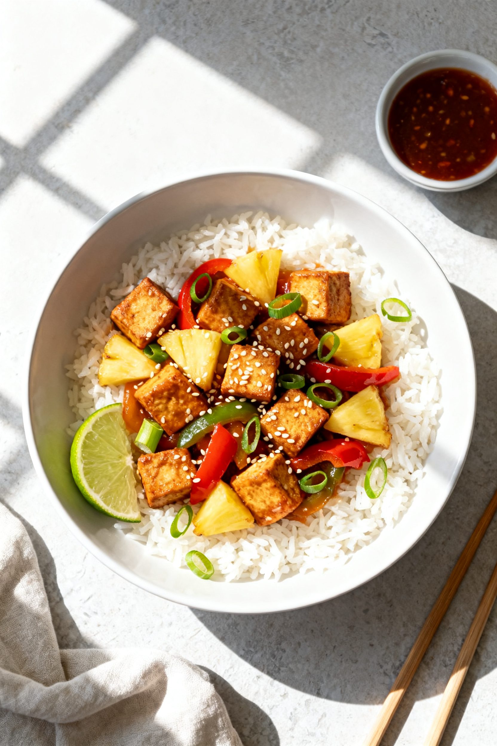 Tasty top view: Overhead shot of the final plated Air Fryer Sweet and Sour Tofu served over fluffy s