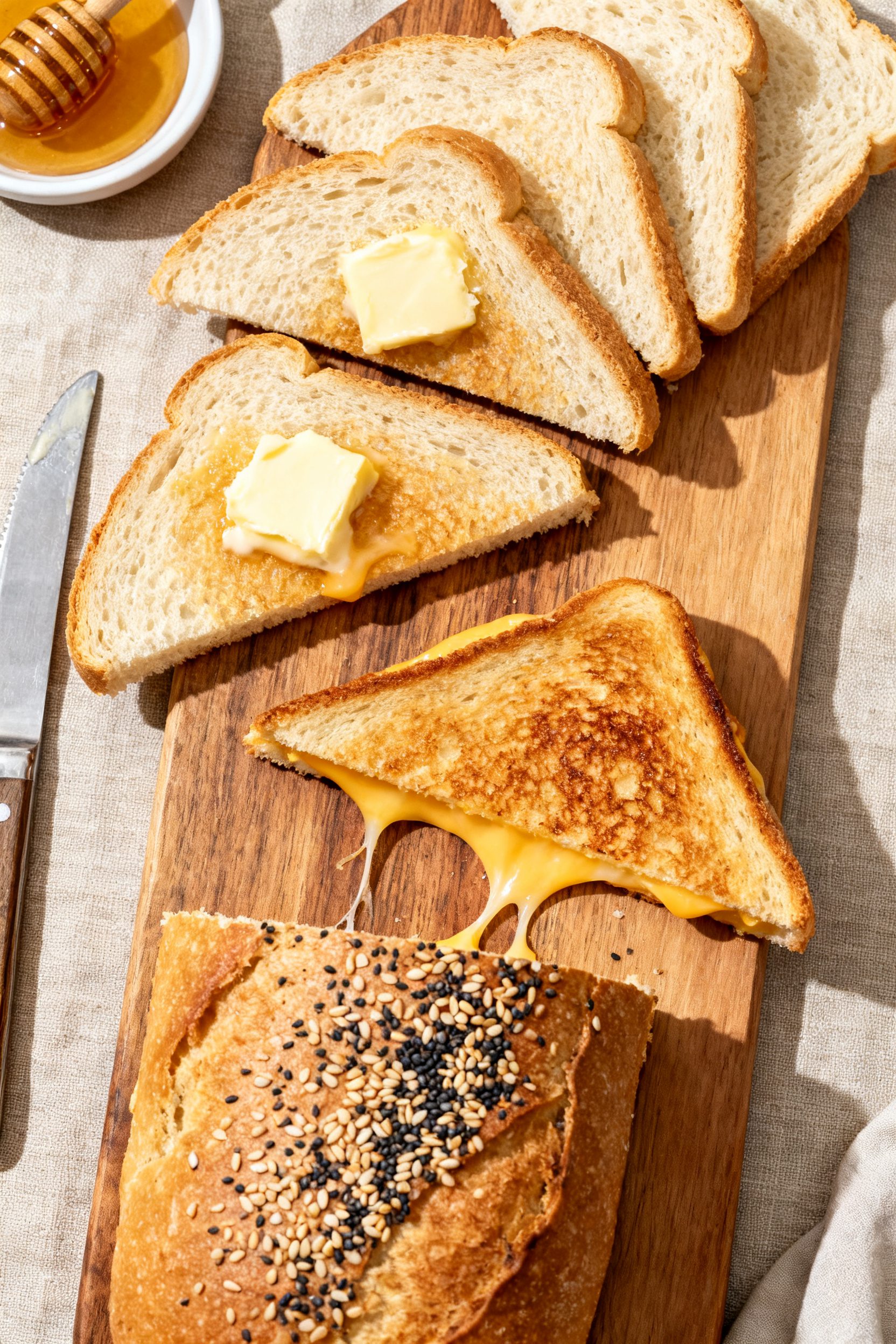 Tasty top view: Overhead shot of the final sandwich bread presentation—neat slices fanned out on a