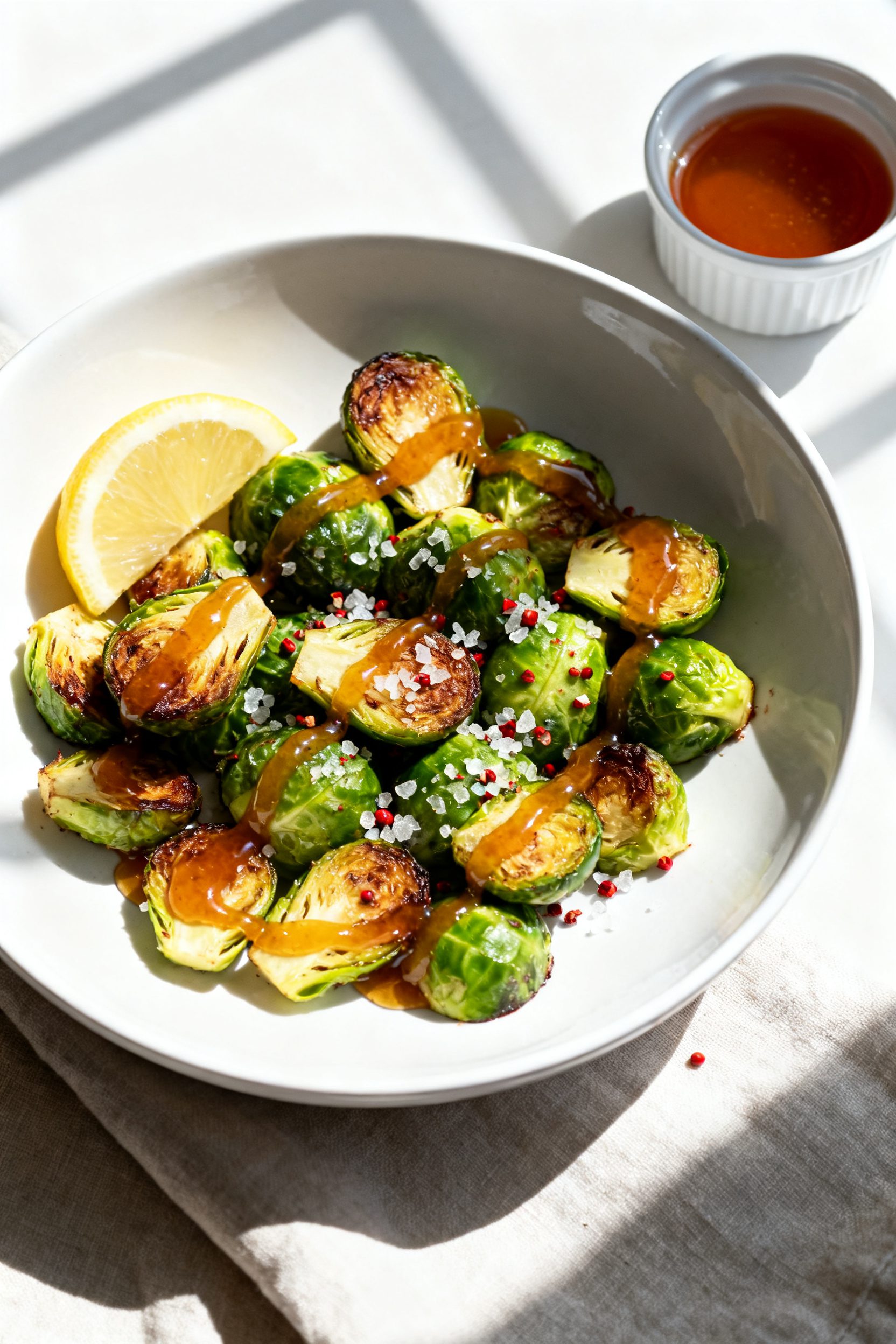 Tasty top view: Overhead shot of the finished Air Fryer Hot Honey Brussels Sprouts on a matte white 
