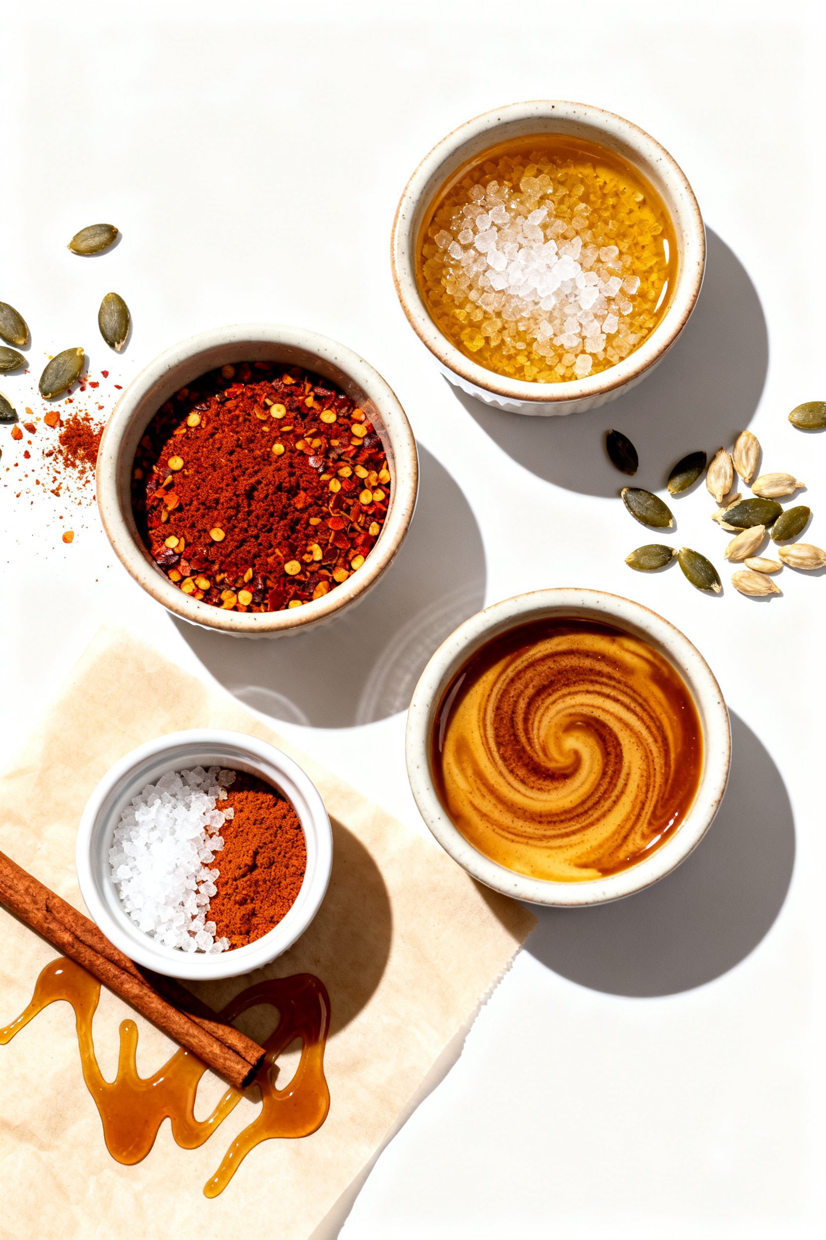 Tasty top view: Overhead shot of three flavor variations arranged in small ceramic bowls—Classic S