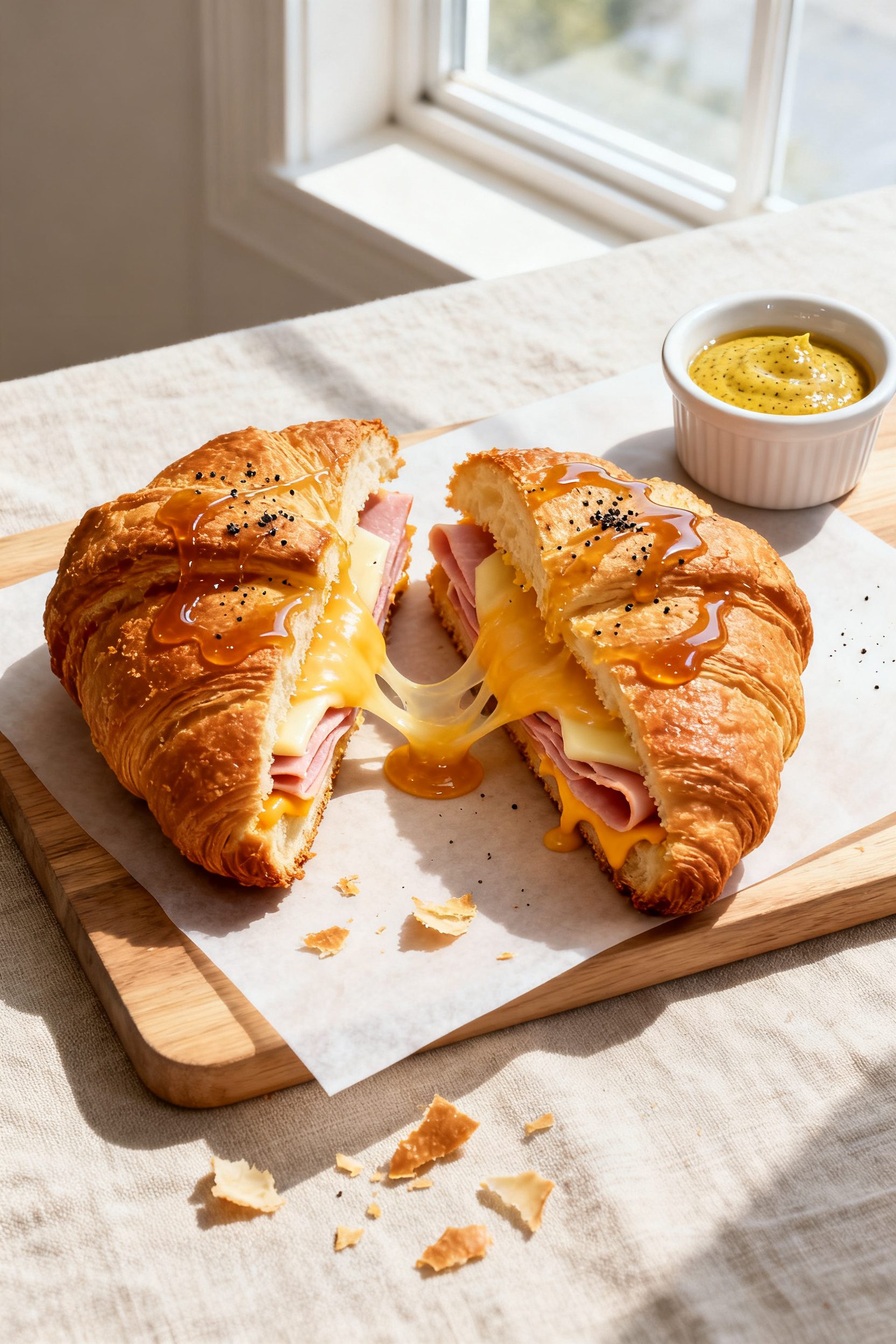 Tasty top view: Overhead shot of two halved air-fried croissants on a parchment-lined board, cut to 