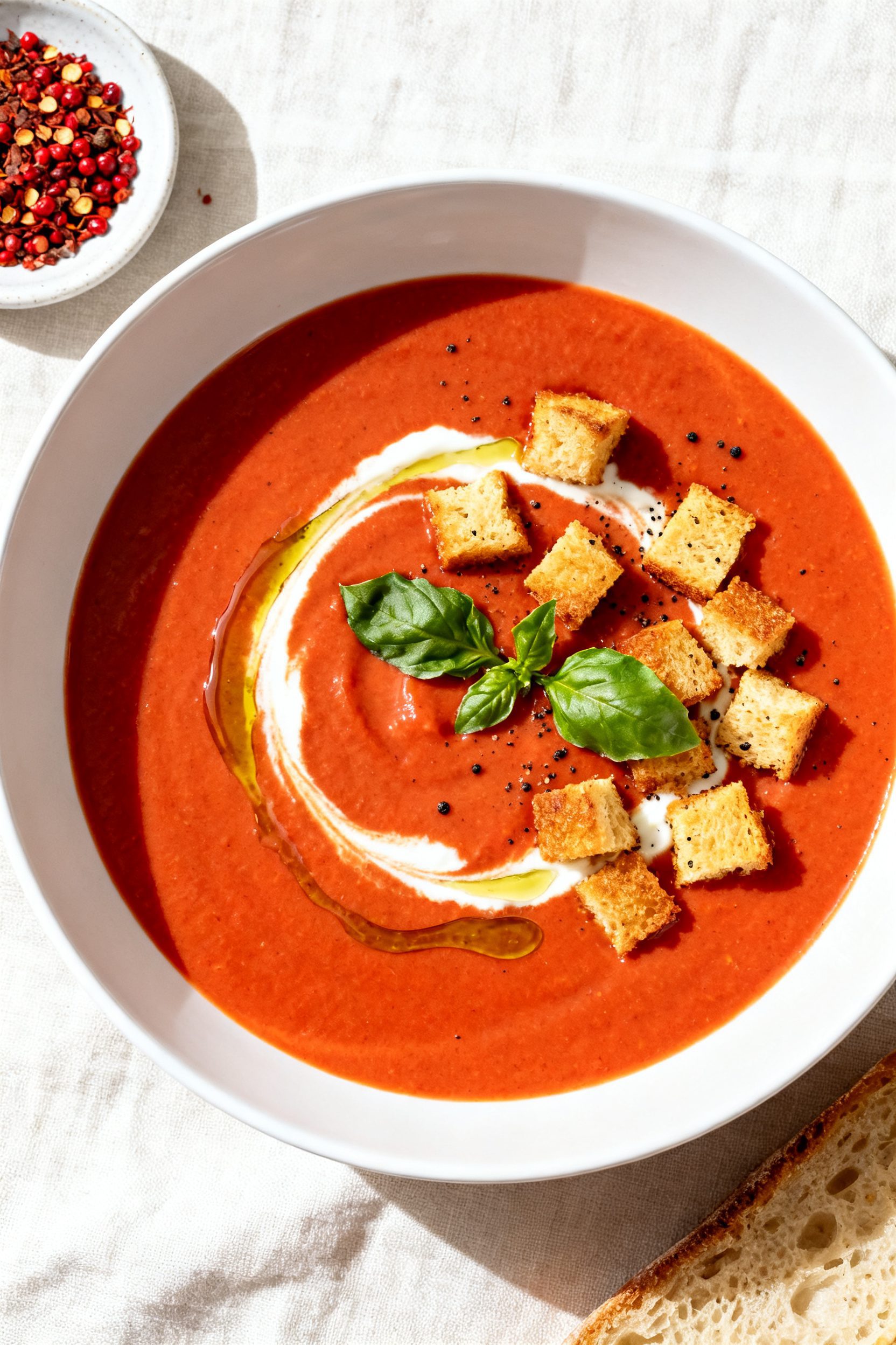 Tasty top view: Overhead shot of velvety air fryer tomato soup in a wide white bowl, silky smooth su