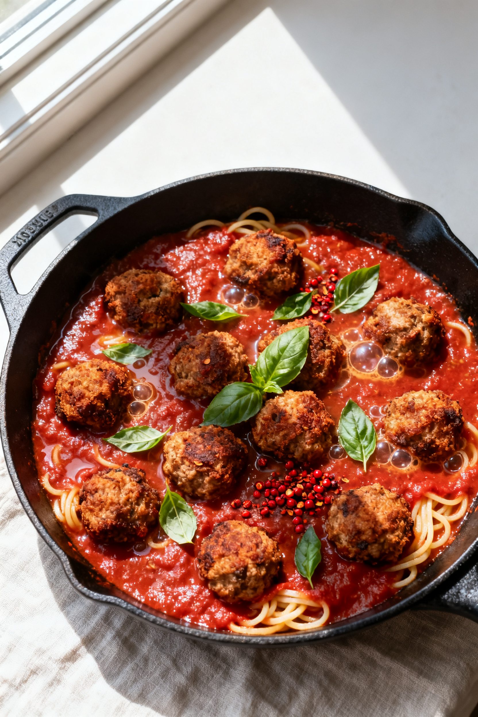 Tasty top view, overhead shot: Overhead shot of a wide skillet filled with simmering marinara sauce 