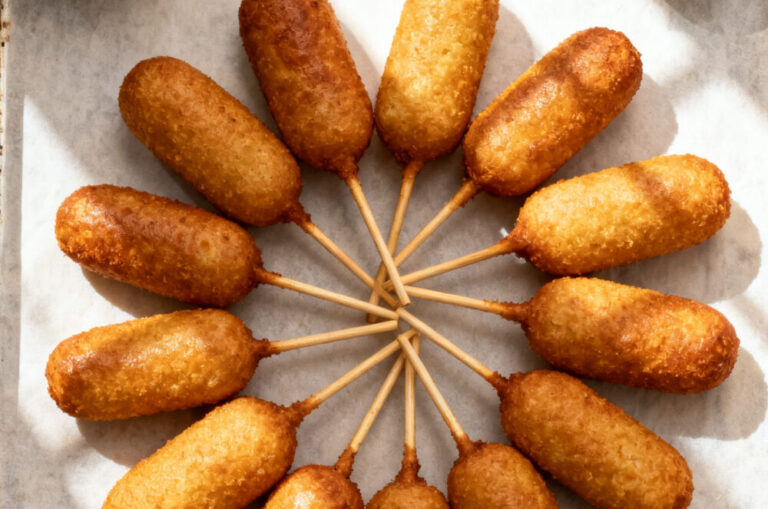 Tasty top-view party spread: Overhead shot of mini corn dogs arranged in a loose spiral on a parchme