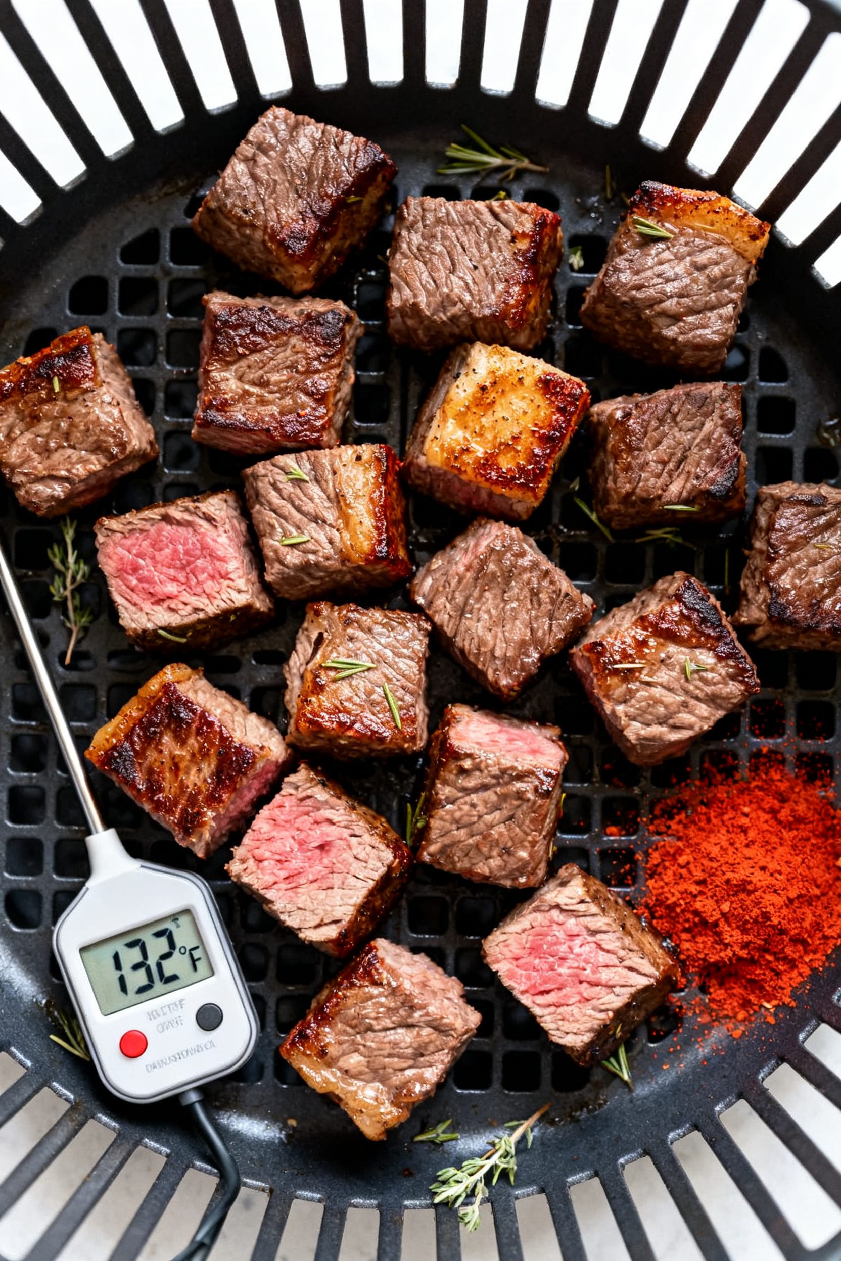 Tasty top view process shot: Overhead image of air fryer beef cubes arranged in a single, non-overcr