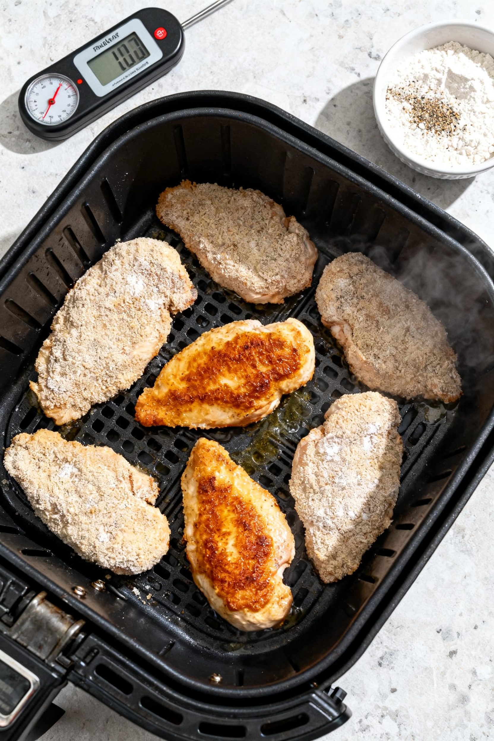 Tasty top-view process shot: Overhead of an air fryer basket arranged in a single layer with evenly 