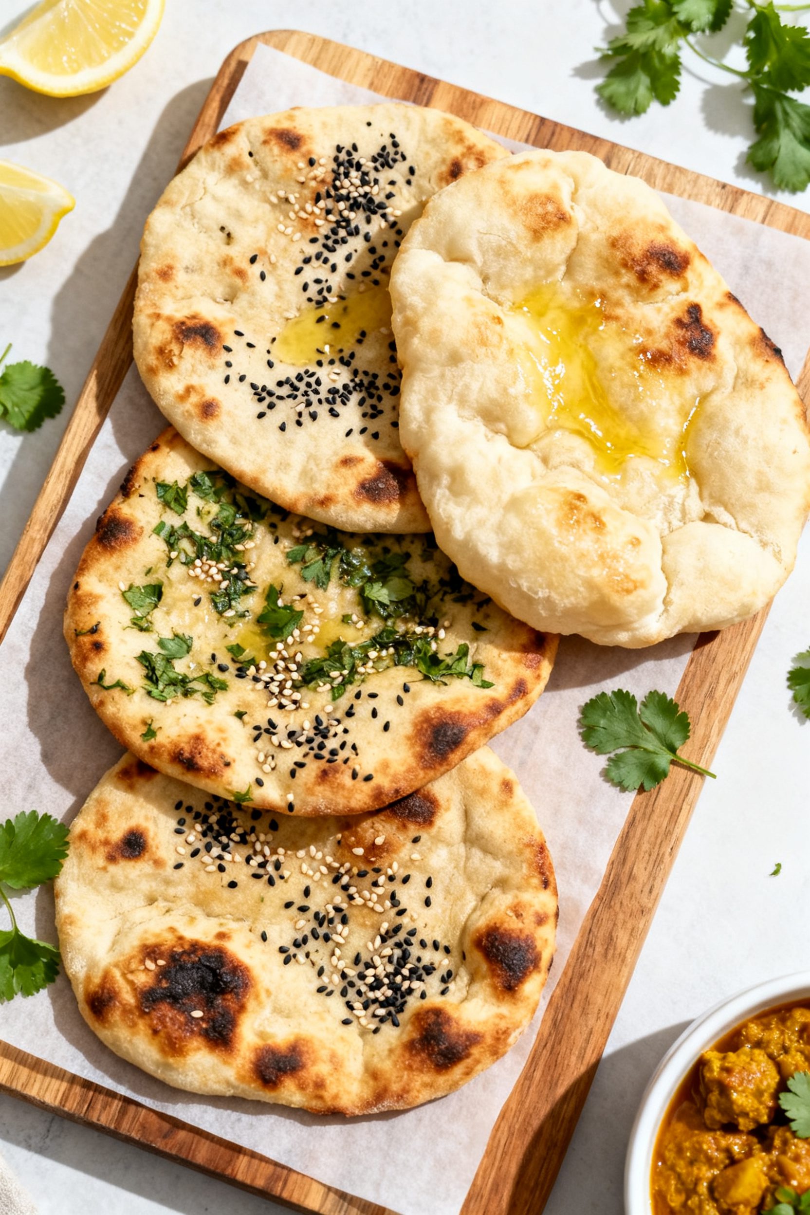 Tasty top view, serving scene: Overhead shot of assorted air fryer naan variations arranged on a par