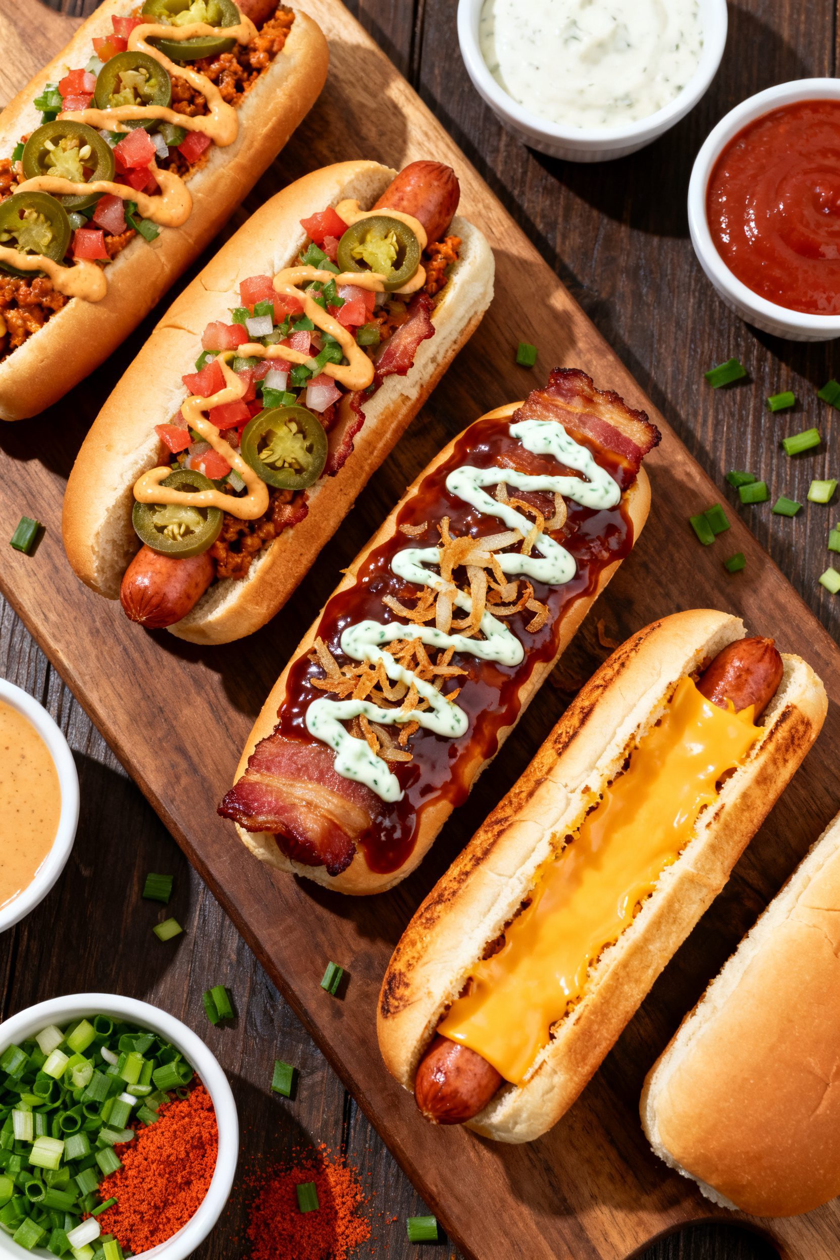 Tasty top-view spread: Overhead shot of a game-day board featuring assorted finished bacon hot dogs: